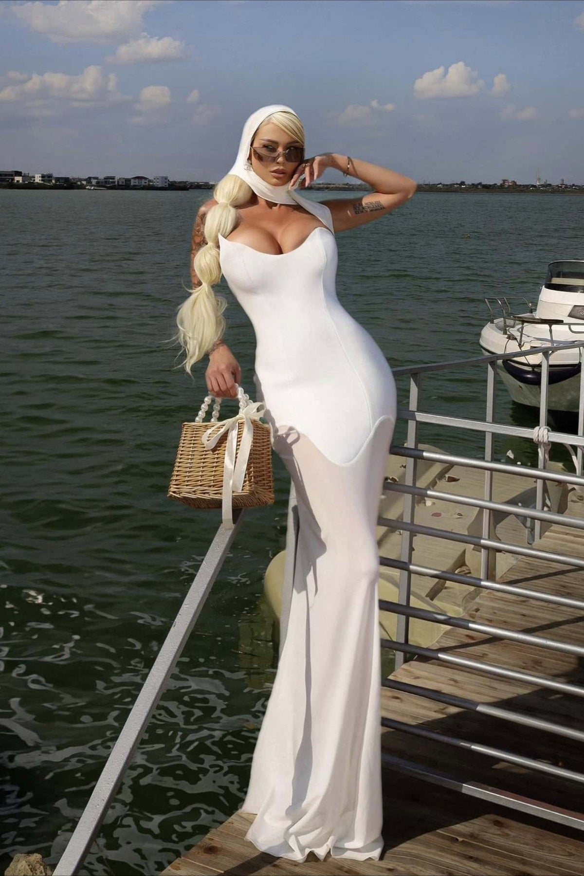 Strapless Sweetheart Scarf Bodycon Mermaid Gown - View 6