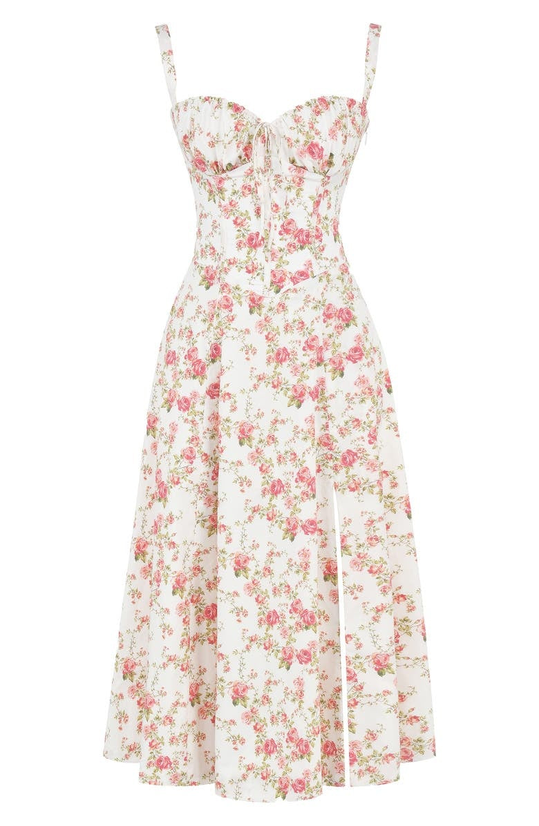 Floral Spaghetti Strap Ruched Fit and Flare Midi Dress - View 5