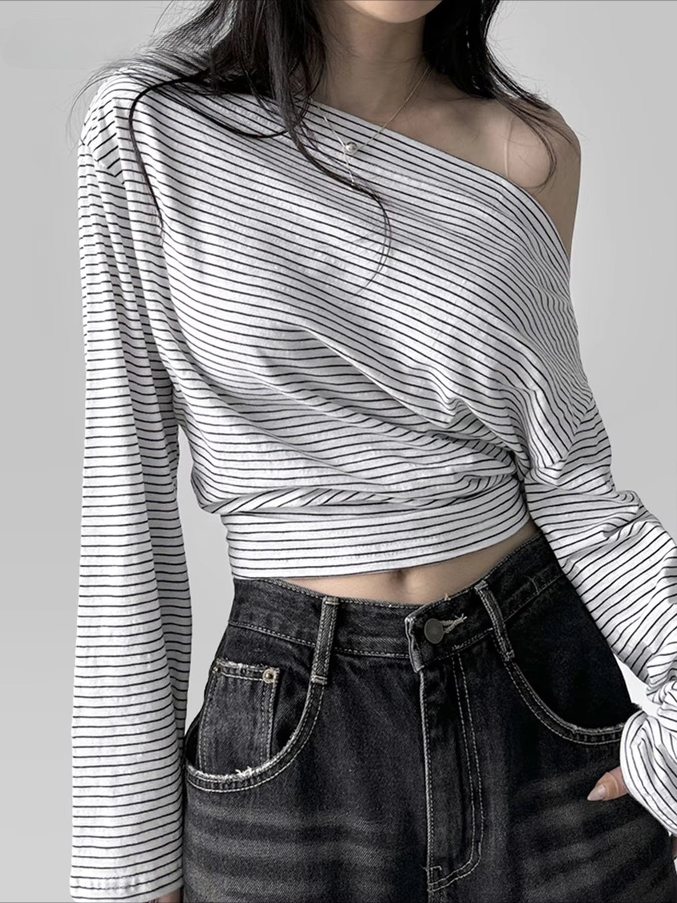 Striped Off-Shoulder Loose Slash Neck Long Sleeve Knit Top - Fashionpara
