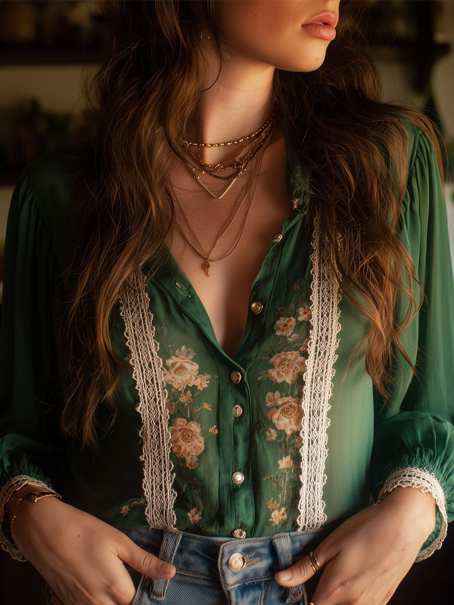 Vintage Chiffon Print Lace Panel Blouse - Fashionpara