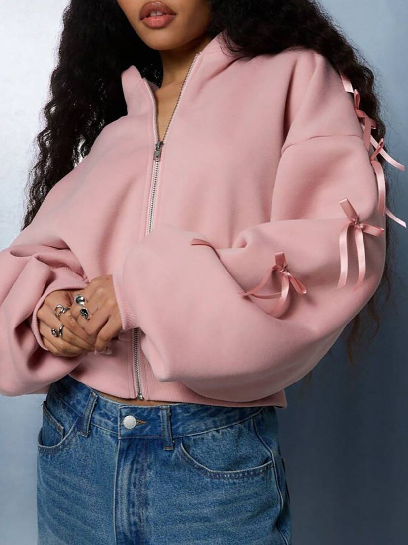 Embroidered Side Bow Zip Up Hoodie