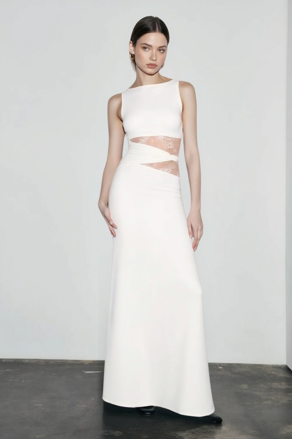 Lace Cut Out Boat Neck Column Maxi Gown