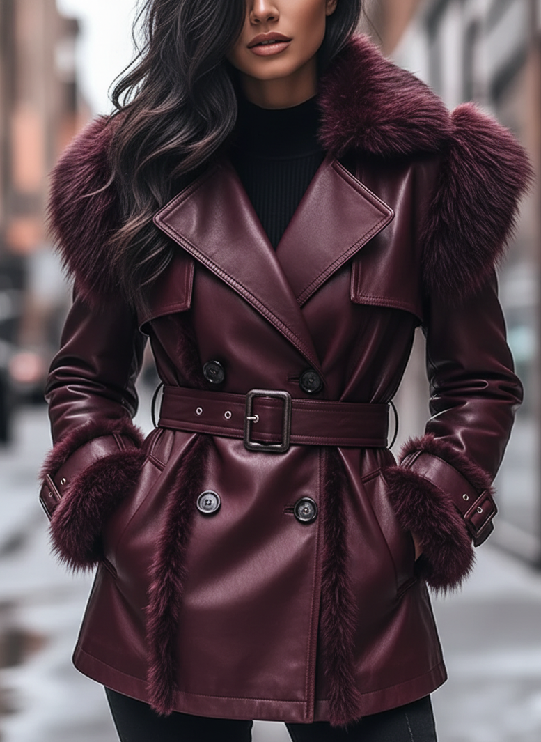 The Luxe Mulberry Fur-Trimmed Leather Coat
