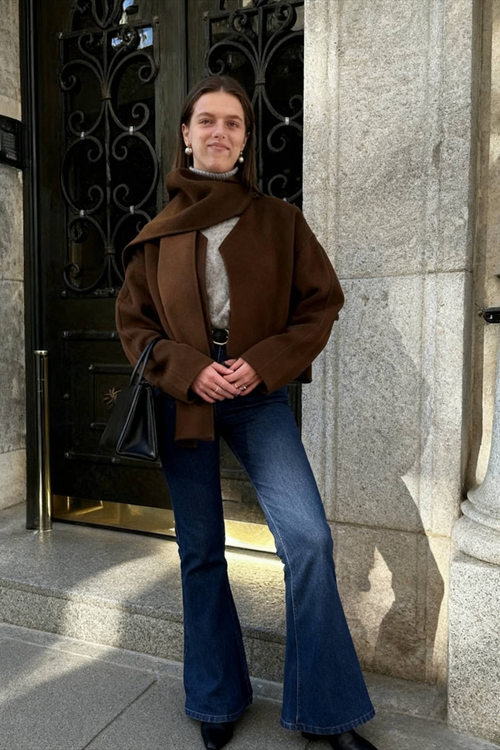 Brown Woolen Round Neck Scarf Coat - Fashionpara