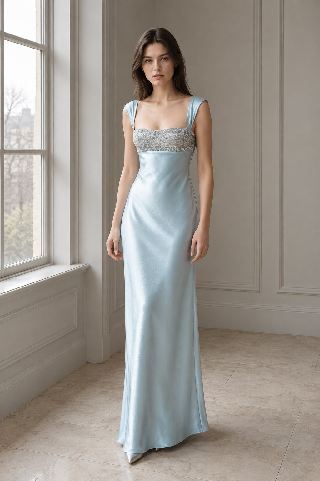 Satin Square Neck Embellished Empire Waist Maxi Gown