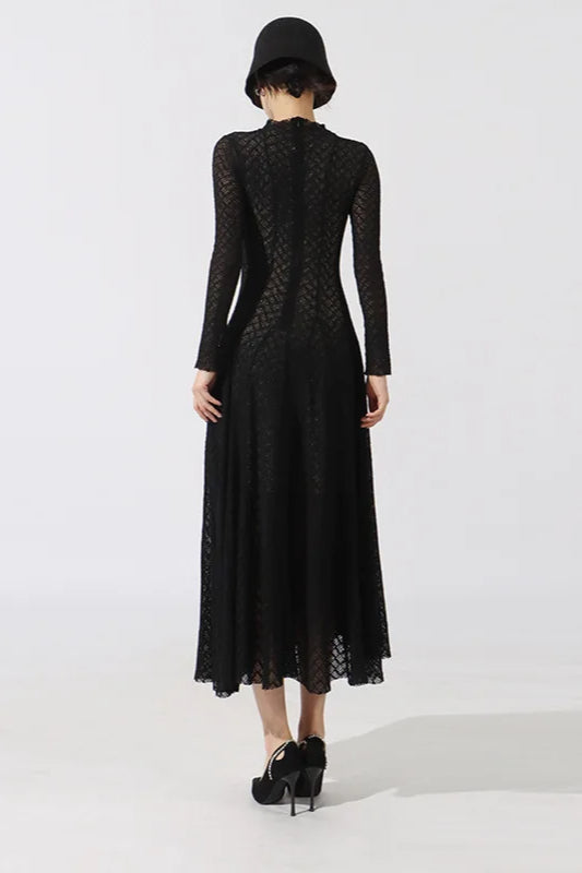 Hollow Out Mesh High Collar Slim Fit Maxi Dress