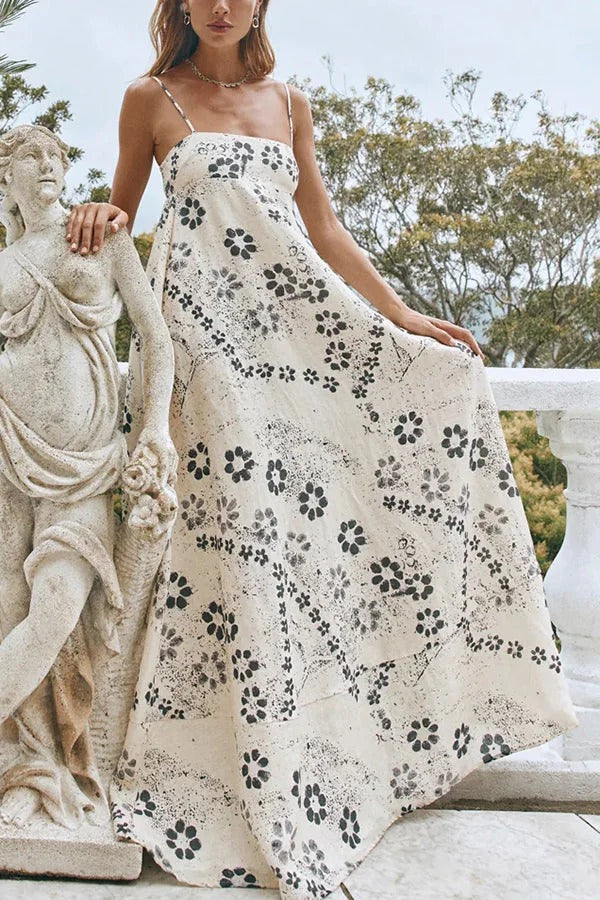 Linen Blend Floral Print Strappy Full-hem Backless Maxi Dress - Fashionpara