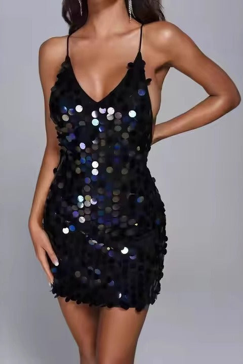Deep V Backless Camisole  Sequin Dress - View 3