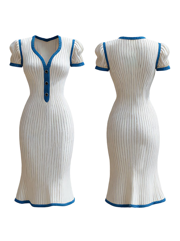 Ribbed Knit V-Neck Puff Sleeve Contrast Trim Midi Dress 8
