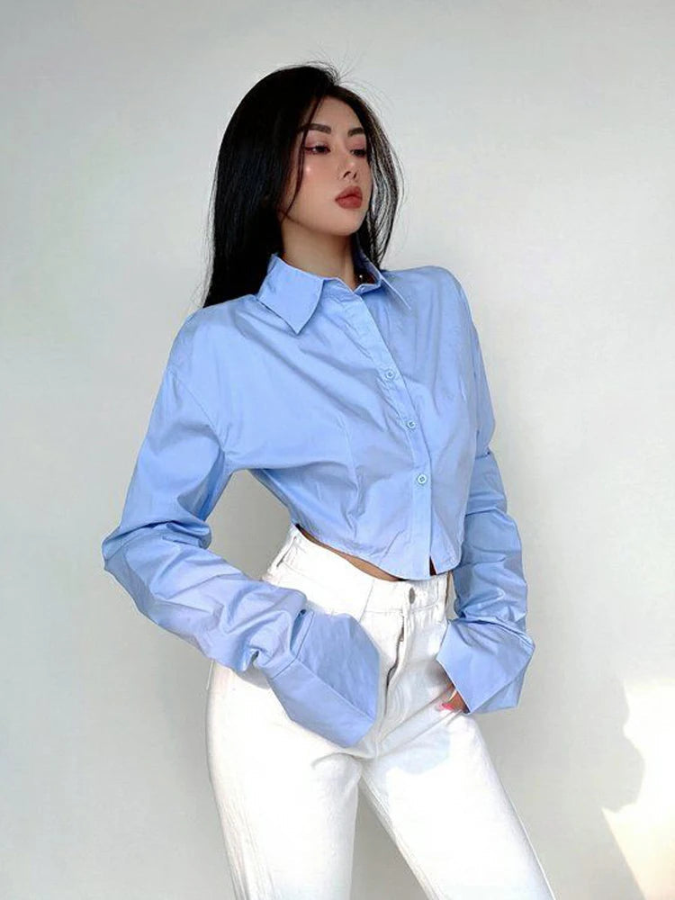 Korean Style Long Sleeve Button Crop Blouse
