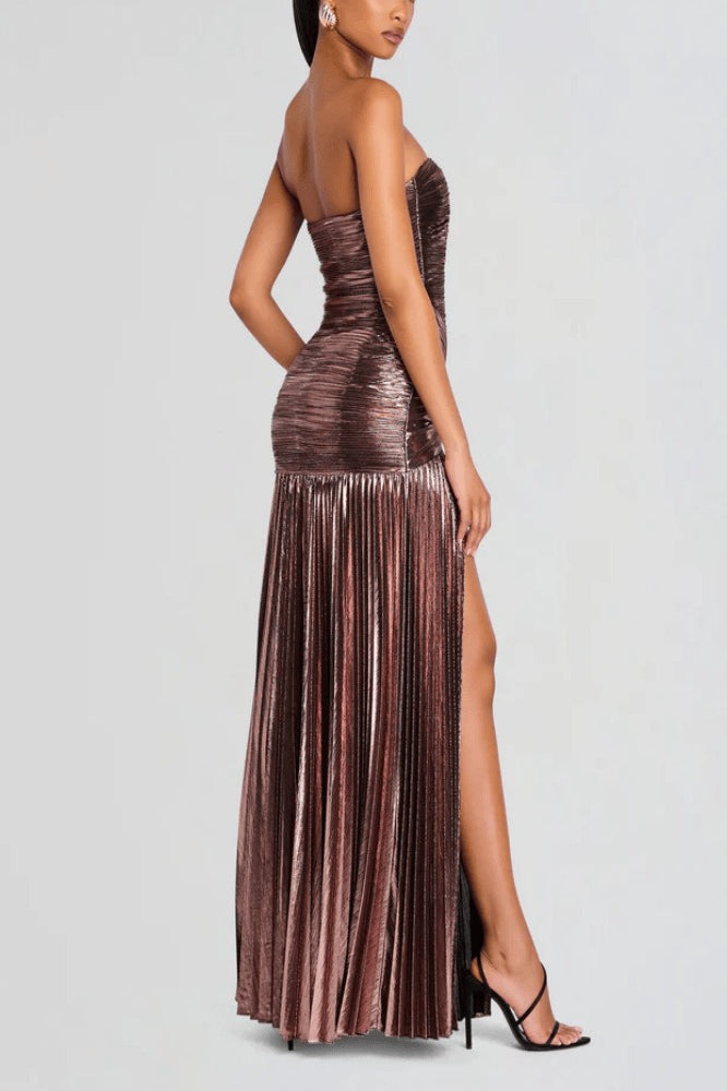 Metallic Strapless Ruched Twist Pleated High Split Maxi Dress