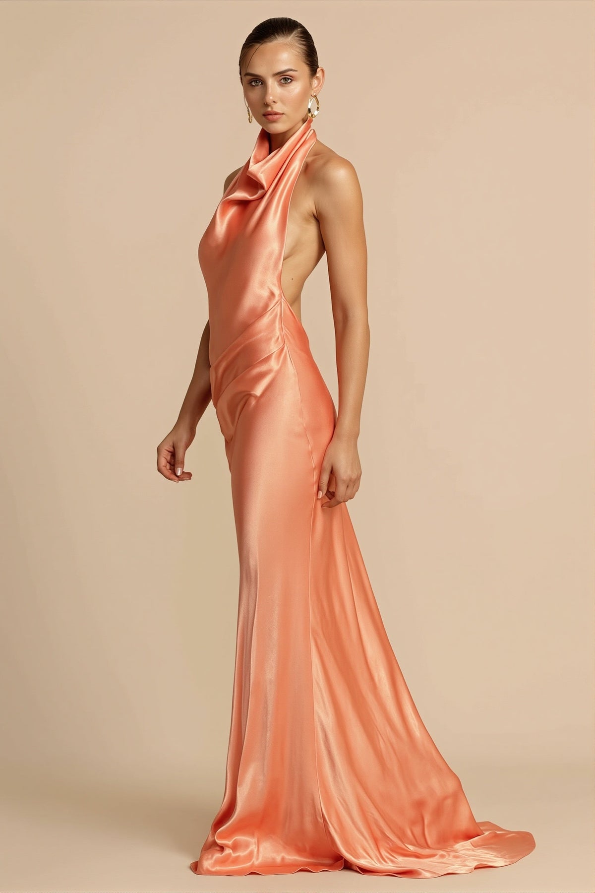 Satin Cowl Neck Halter Backless Mermaid Gown