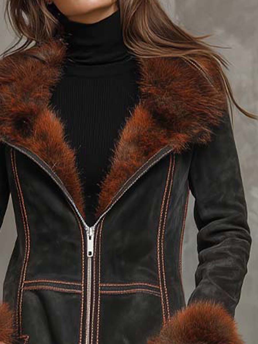 Understated Bohemian Vintage Olive-brown Faux Suede Long Coat With A Fur Collar