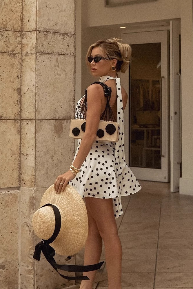 Satin Polka Dot Halter Neck Ruched Mini Dress