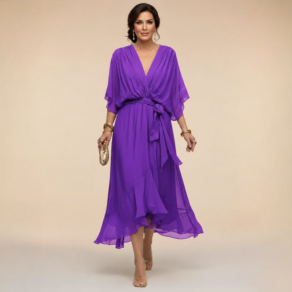 Deep V-Neck Flutter Sleeve Wrap Tie Ruffle Hem Chiffon Midi Dress 11