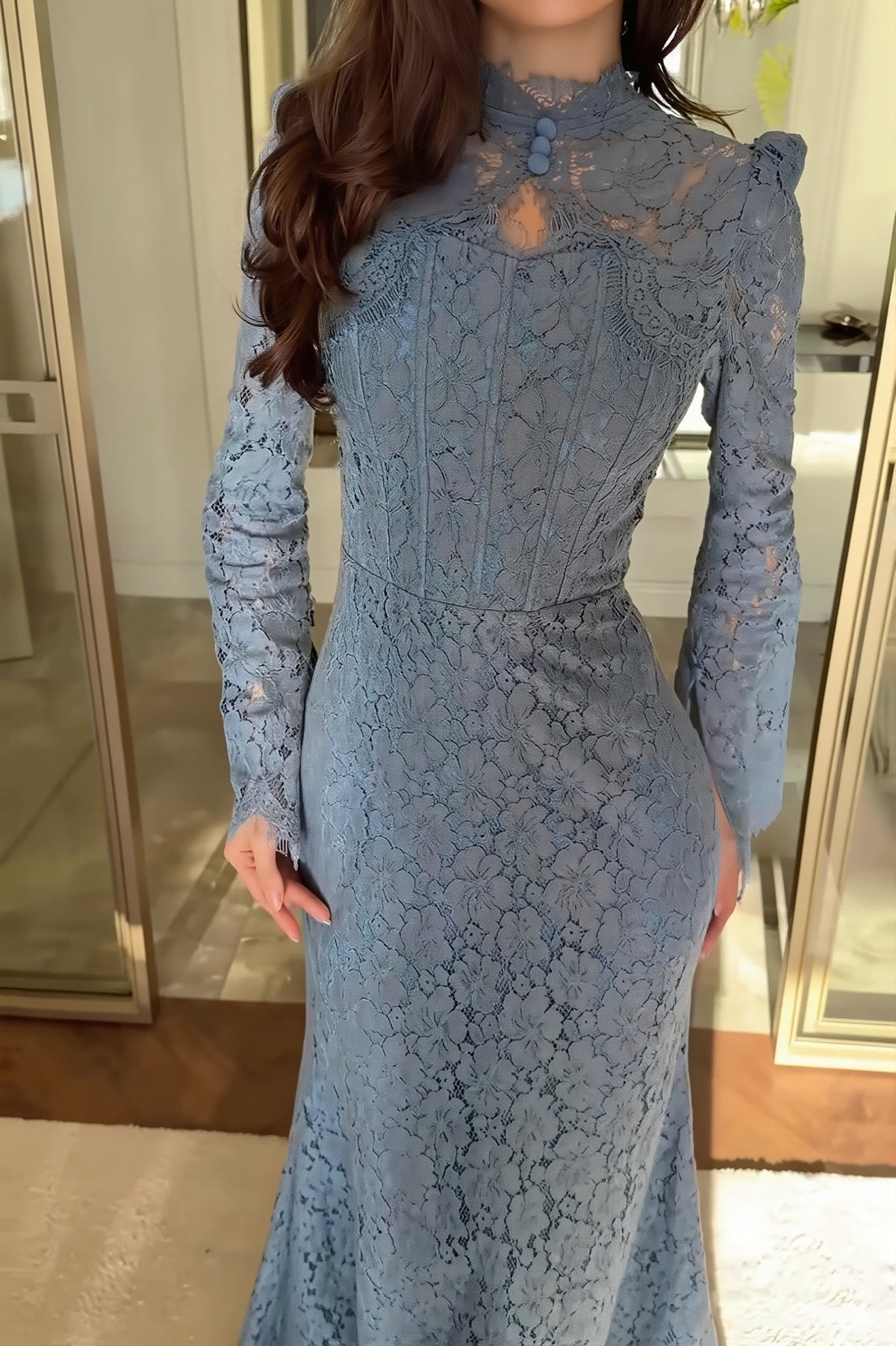 Floral Lace High Neck Long Sleeve Corset Dress