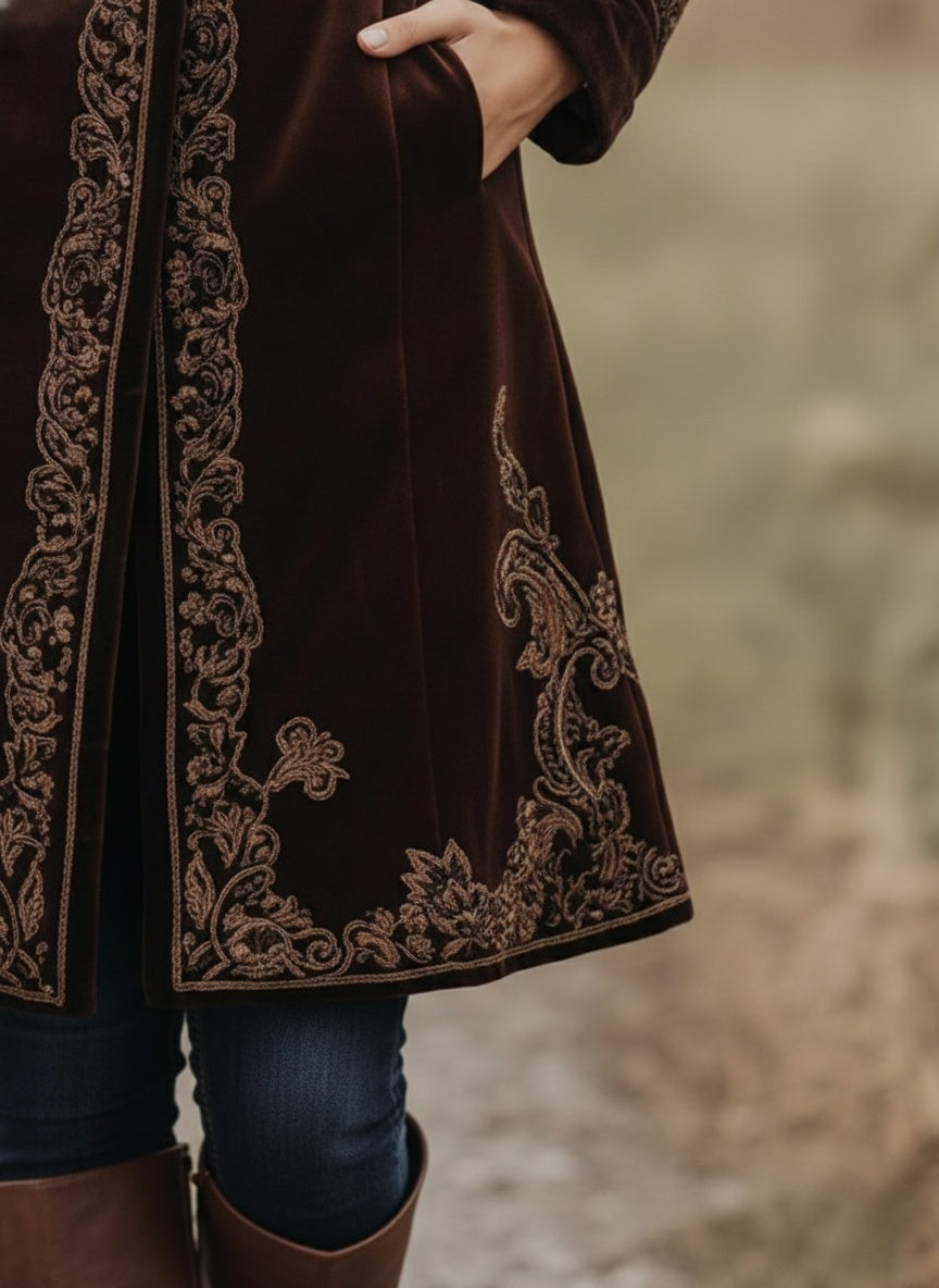 Rich Velvet Embroidered Long Coat - Fashionpara