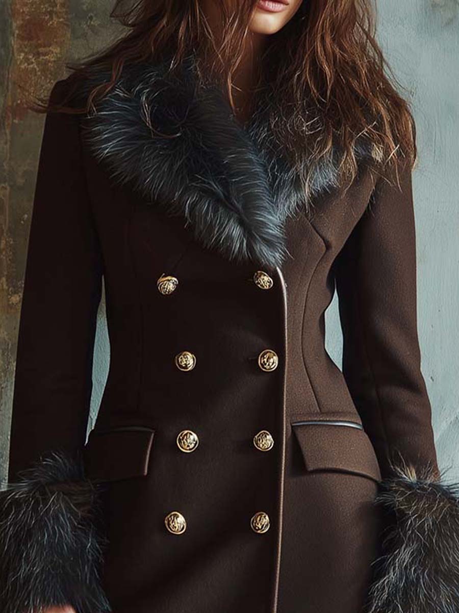 Espresso Brown Wool Blend Long Coat With Faux Fur Collar - Fashionpara