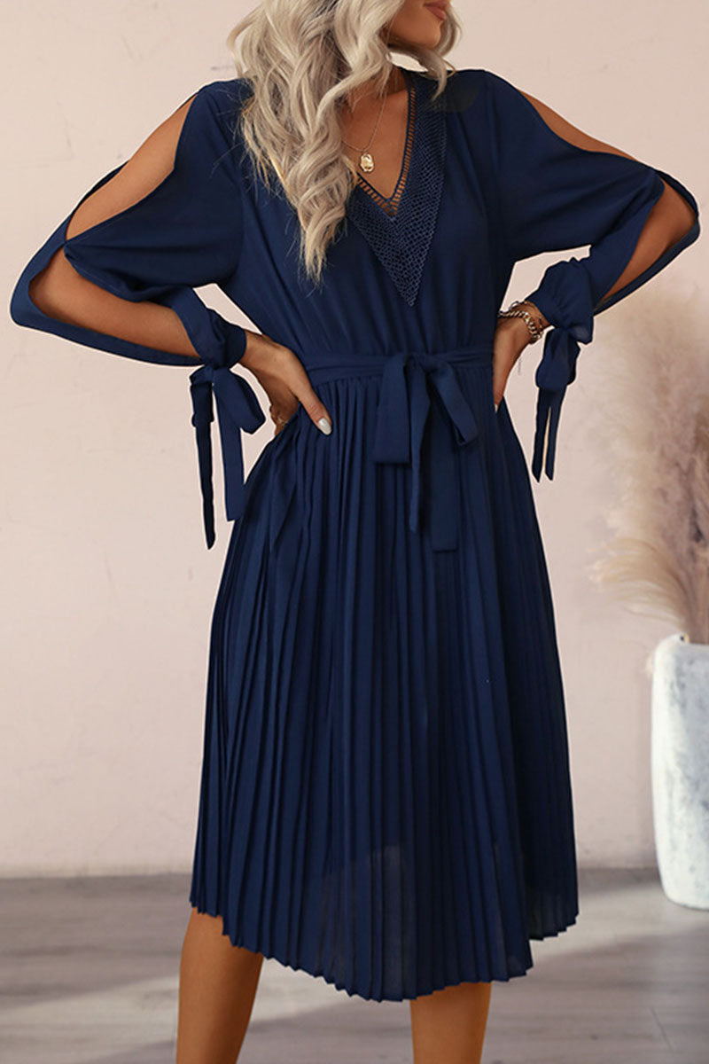 Chiffon Lace Insert V-Neck Cold Shoulder Tie Cuff Midi Dress - View 4
