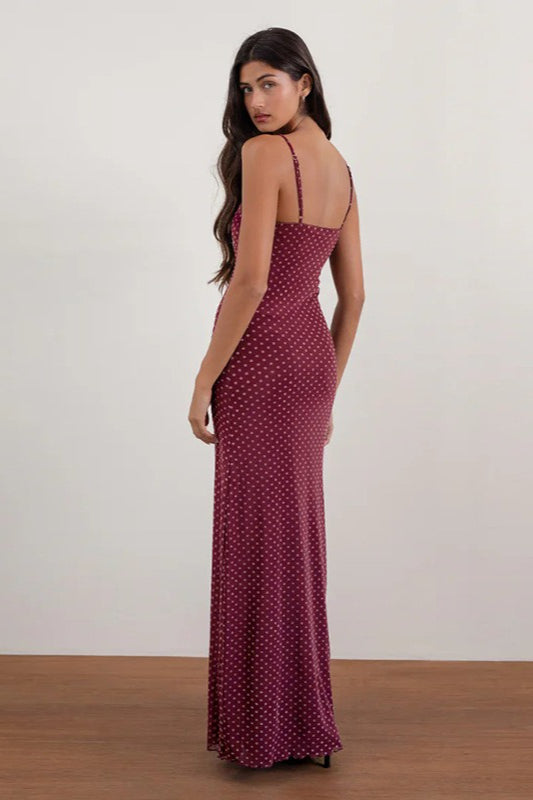 Polka Dot Cowl-Neck Spaghetti-Strap Maxi Dress