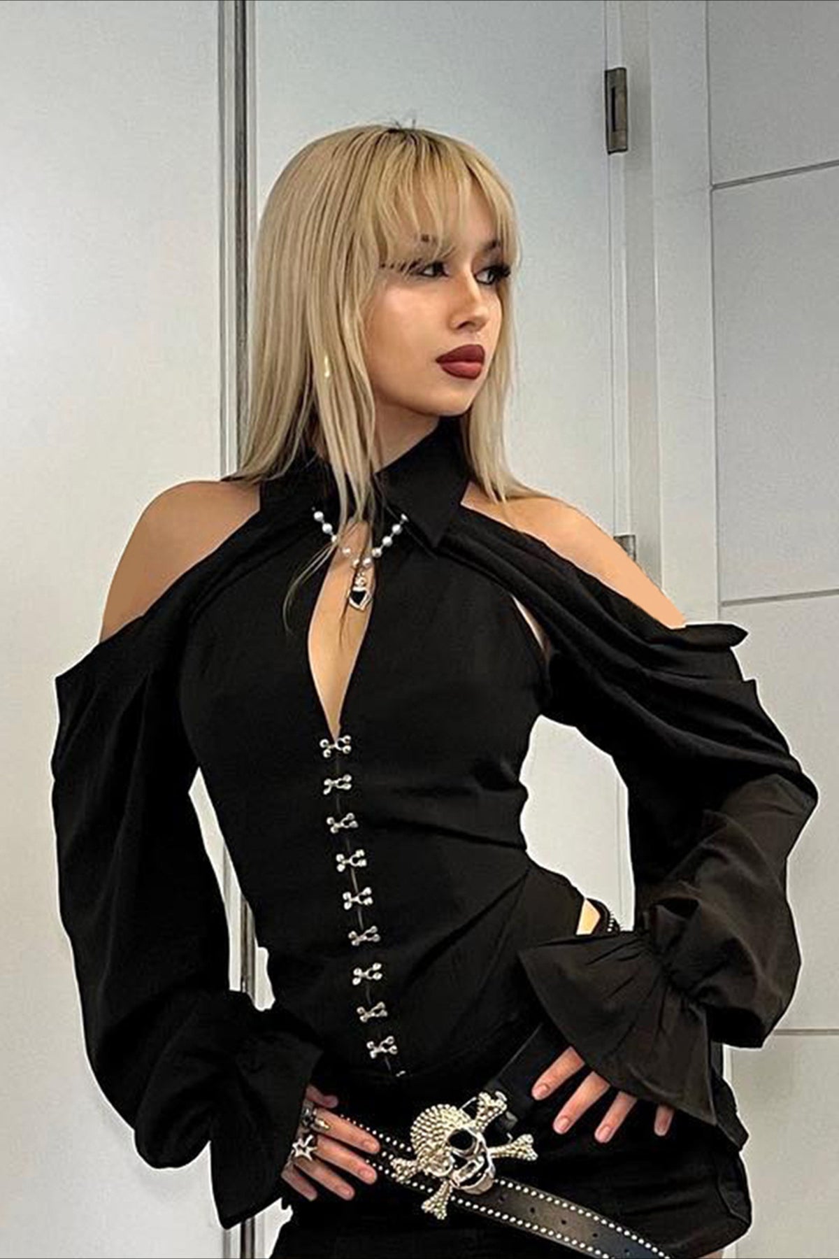 Gothic Bell Sleeve Waist Cinched Blouse