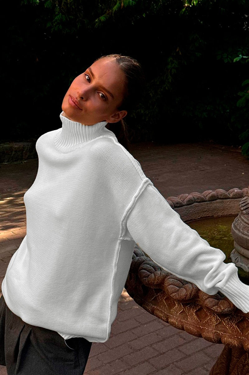 High Neck Patchwork Knit Sweater for Effortless Style