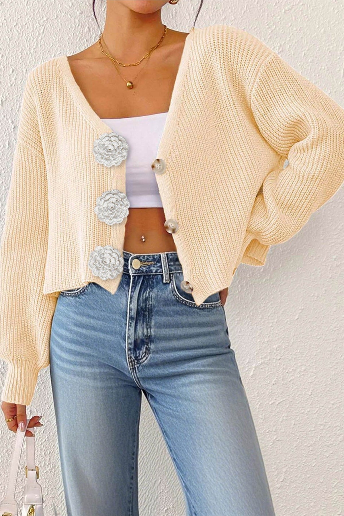 Button Front Crochet Knit Crop Sweater 36