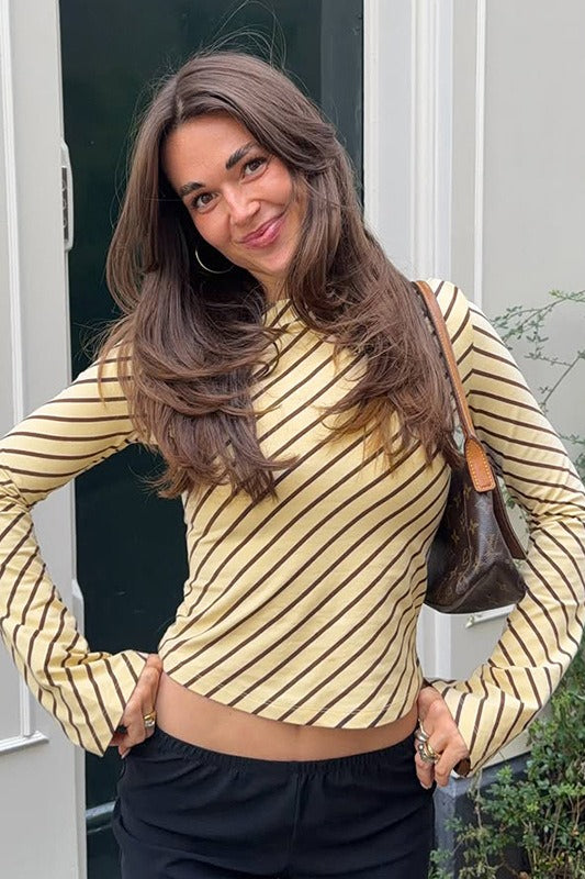 Fitted Long Sleeve Sheer Striped Crop Top