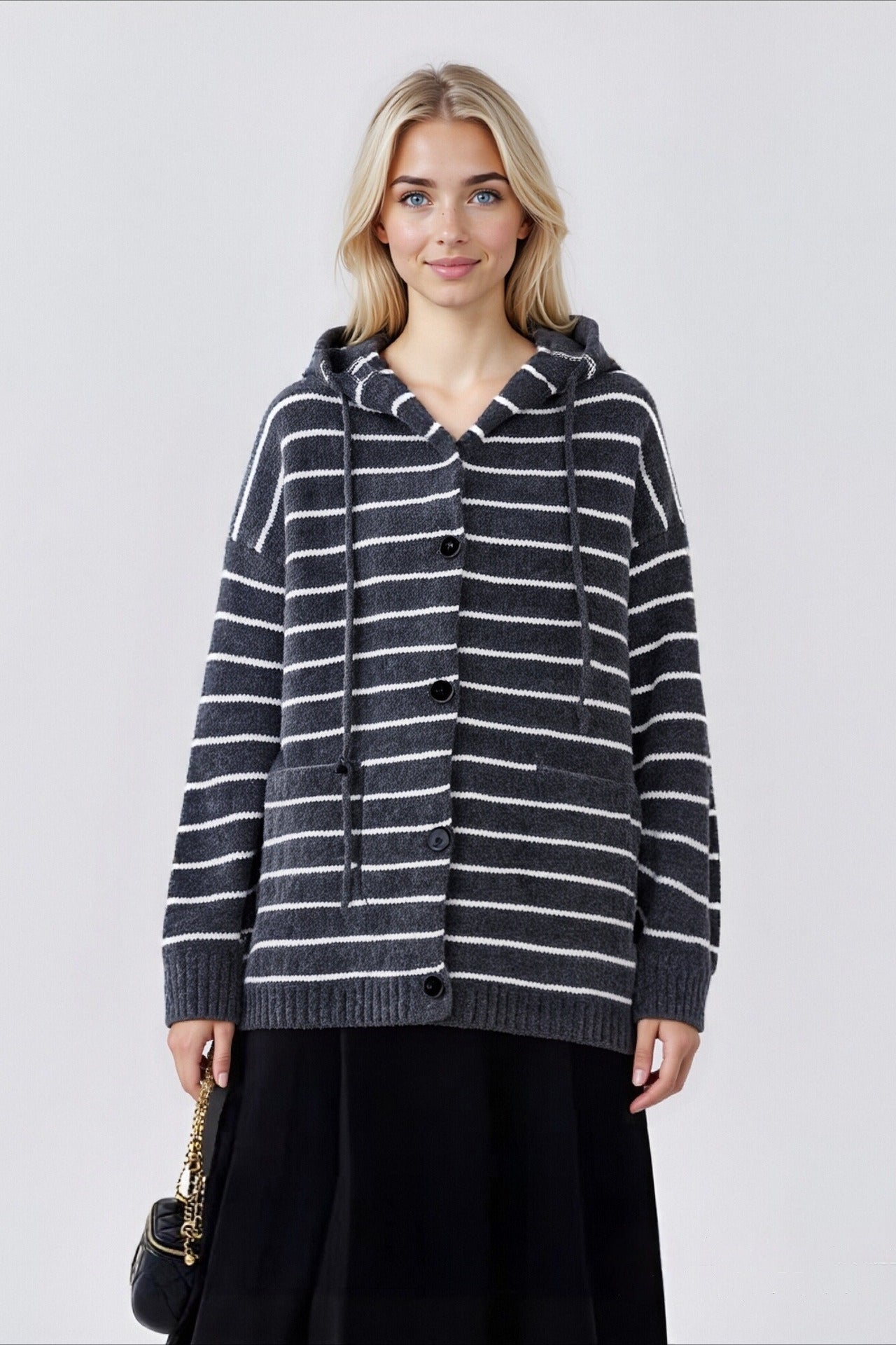 Stripe Hooded Plus Size Knit Cardigan with Drawstring Pocket