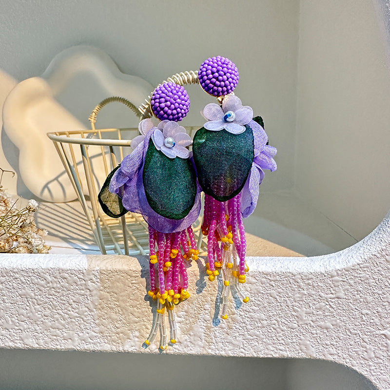 Handmade Fabric Rice Bead Tassel Earrings