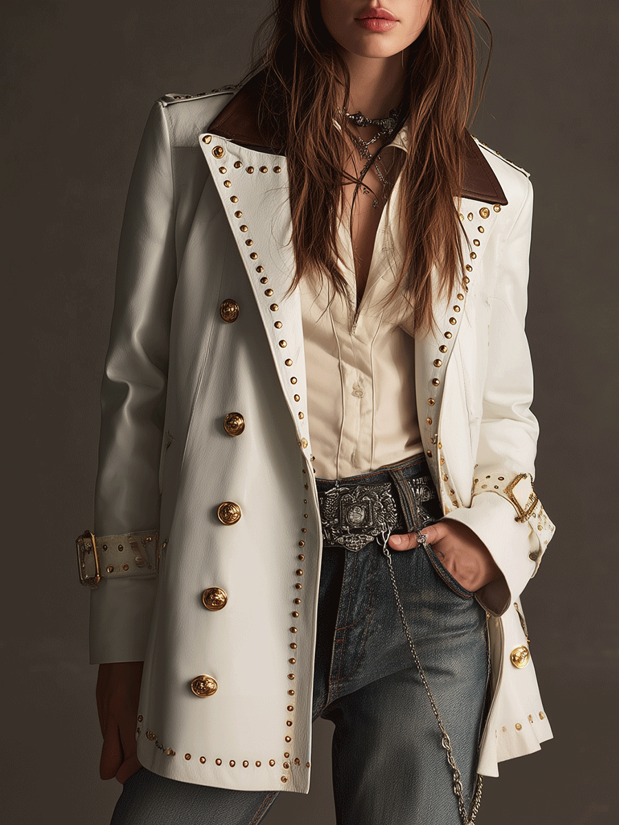 Classic White Studded Double-Breasted Leather Trench Coat