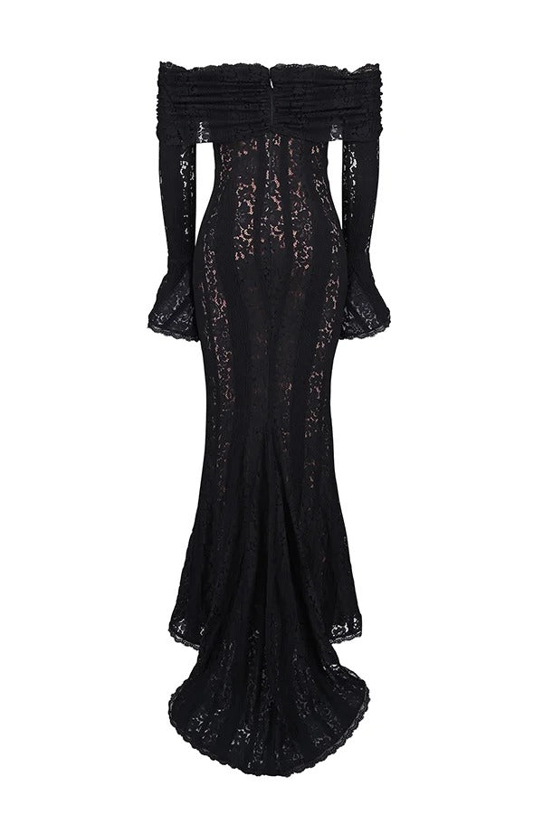Leila Off Shoulder Floral Lace Flared Sleeve Fishtail Maxi Dress - View 19