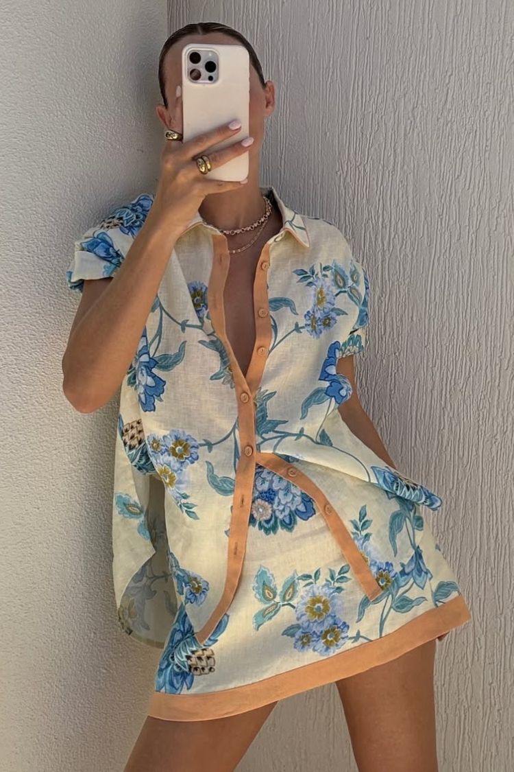Giselle Linen Blend Floral Print Short Sleeve Shirt and Zipper Mini Skirt Set - Fashionpara