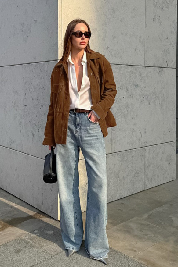 Cinched Waist Faux Suede Utility Jacket