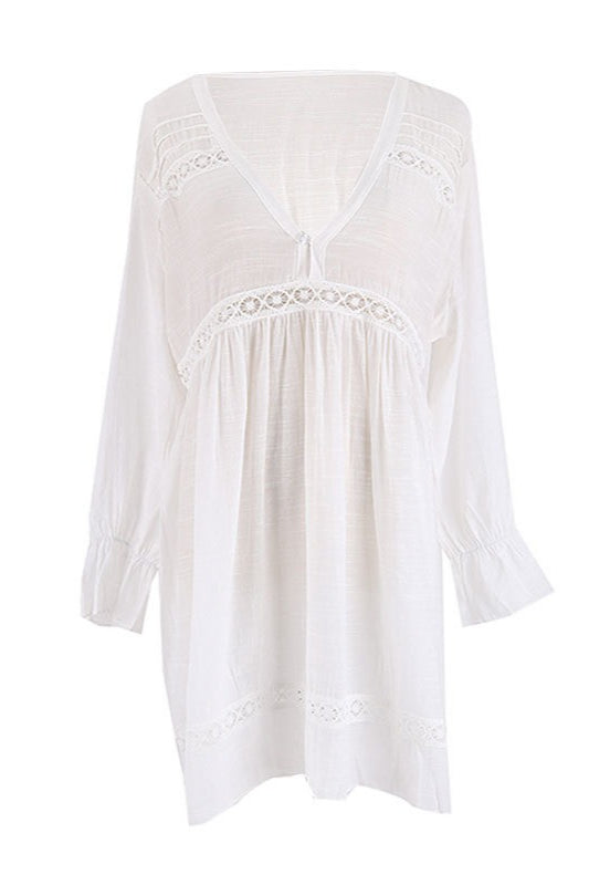 Crochet Trim V-Neck Long Sleeve Beach Mini Dress