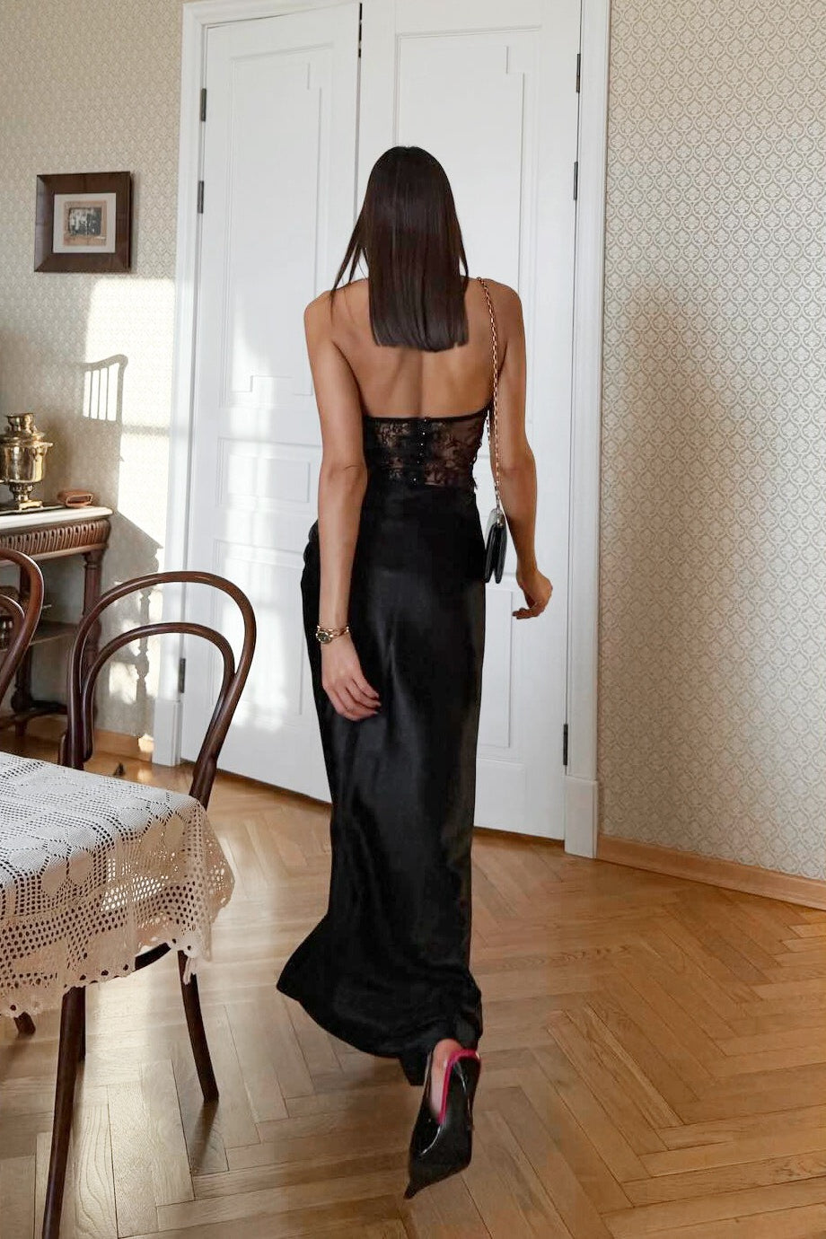 Lace Halter Top and Satin Maxi Skirt Set
