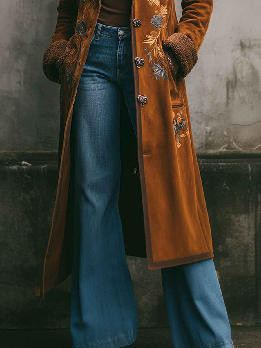 Vintage Embroidered Microsuede Shearling Lining Long Coat - Fashionpara