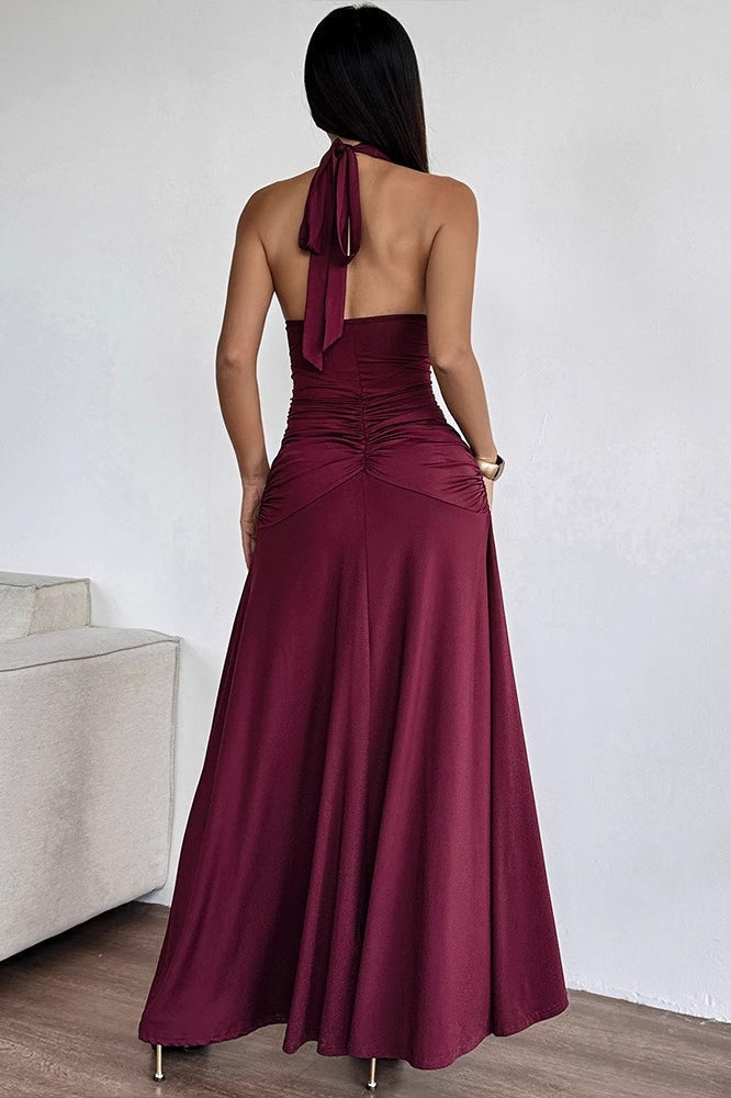 Halter Deep V-Neck Ruched Front High Split Maxi Dress - View 3