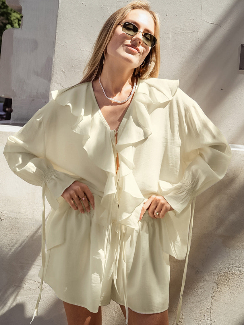 Ruffled Hem Tie Front Cardigan and Shorts Set for Style