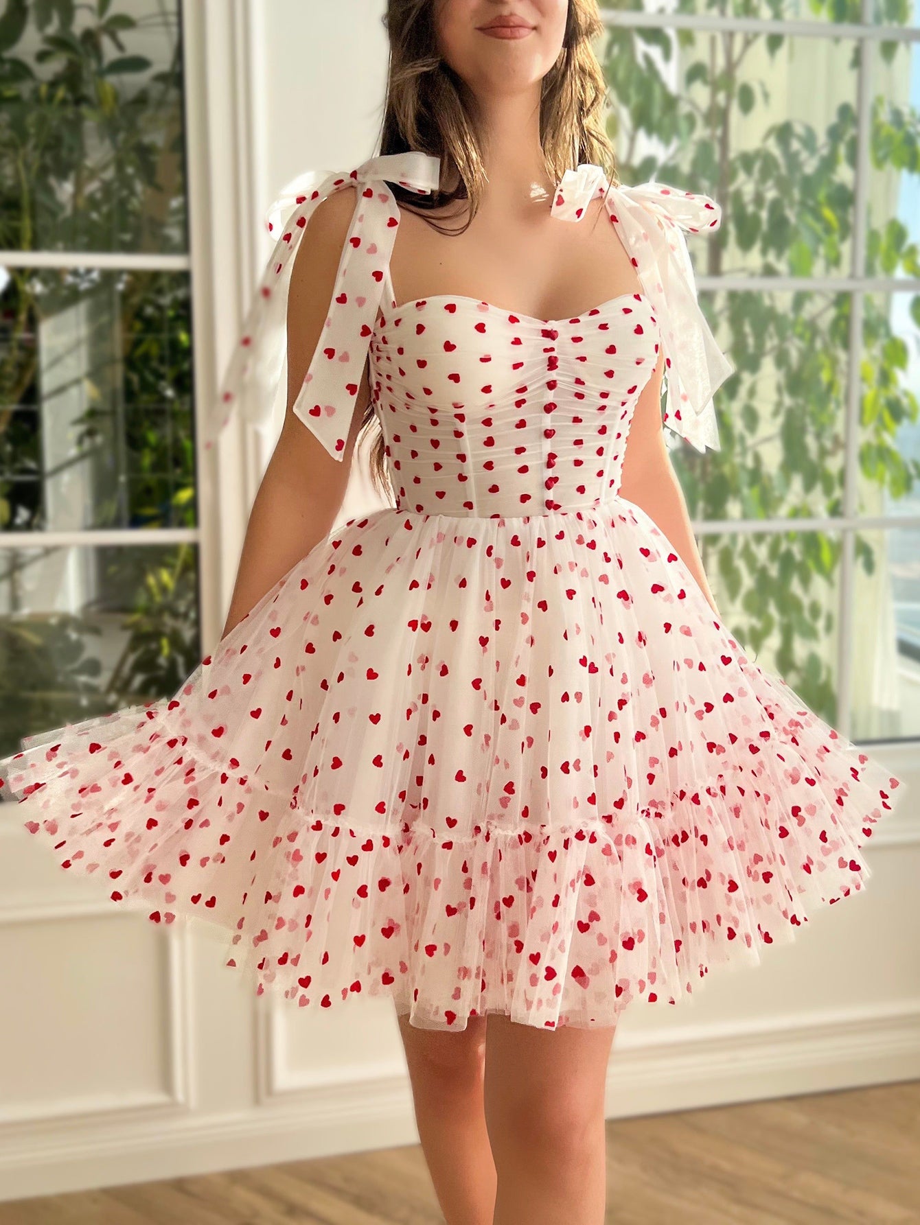A-Line Tulle Pink Midi Prom Dress with Sweetheart Neckline - Fashionpara