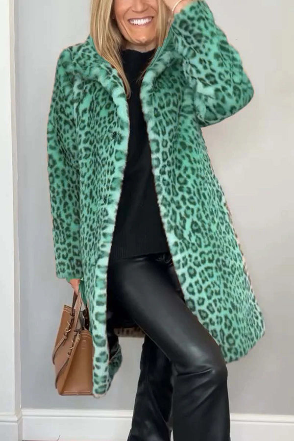 Lapel Leopard Print Plush Coat for Elegant Mid-Length Style