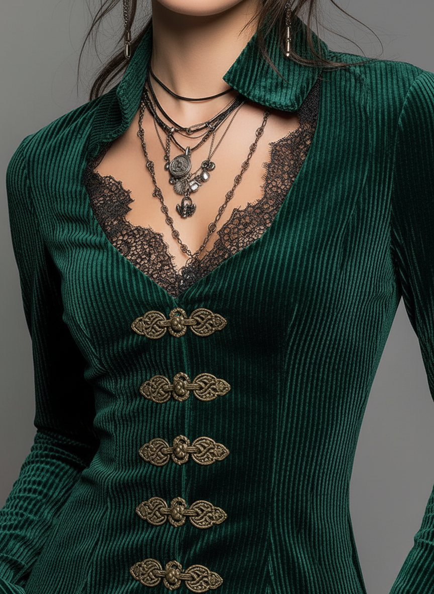 Emerald Velvet Lace Trim Victorian Style Blouse - Fashionpara
