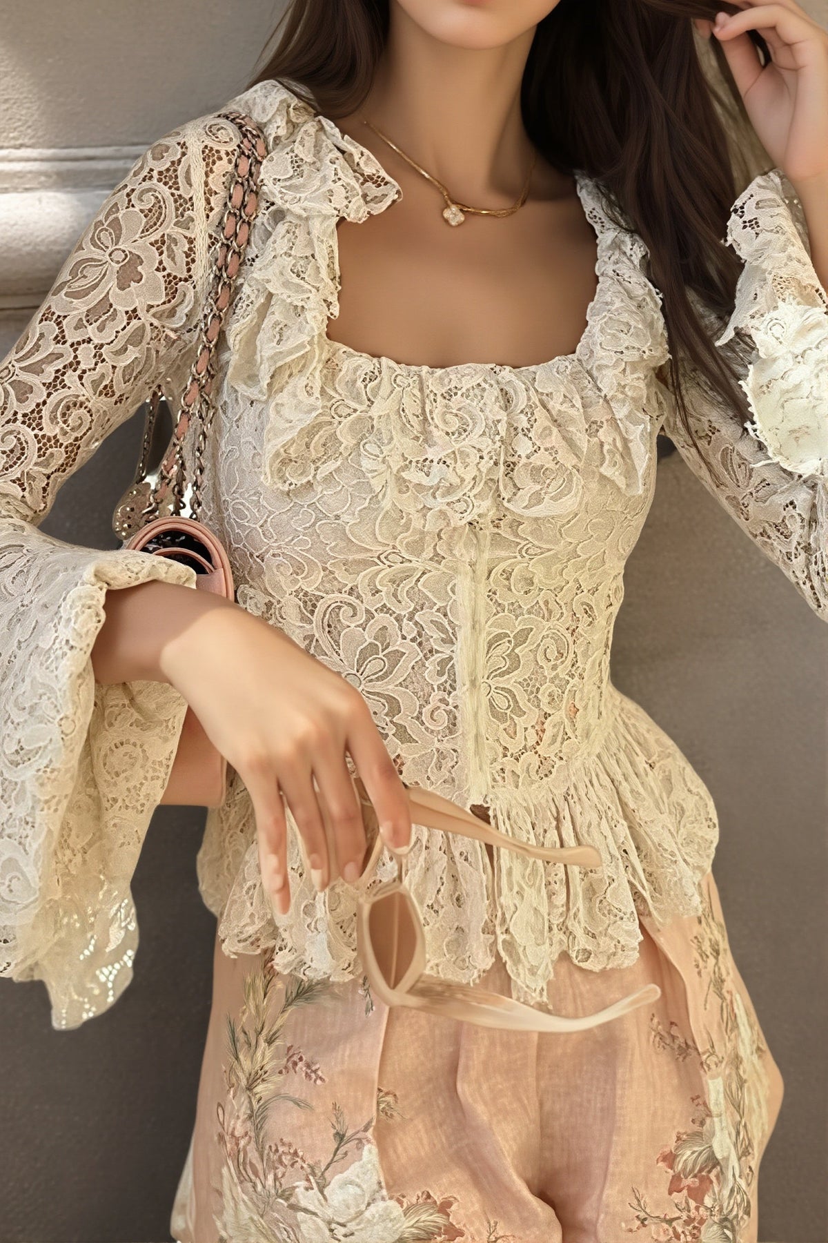 Lace Hook Front Peplum Blouse