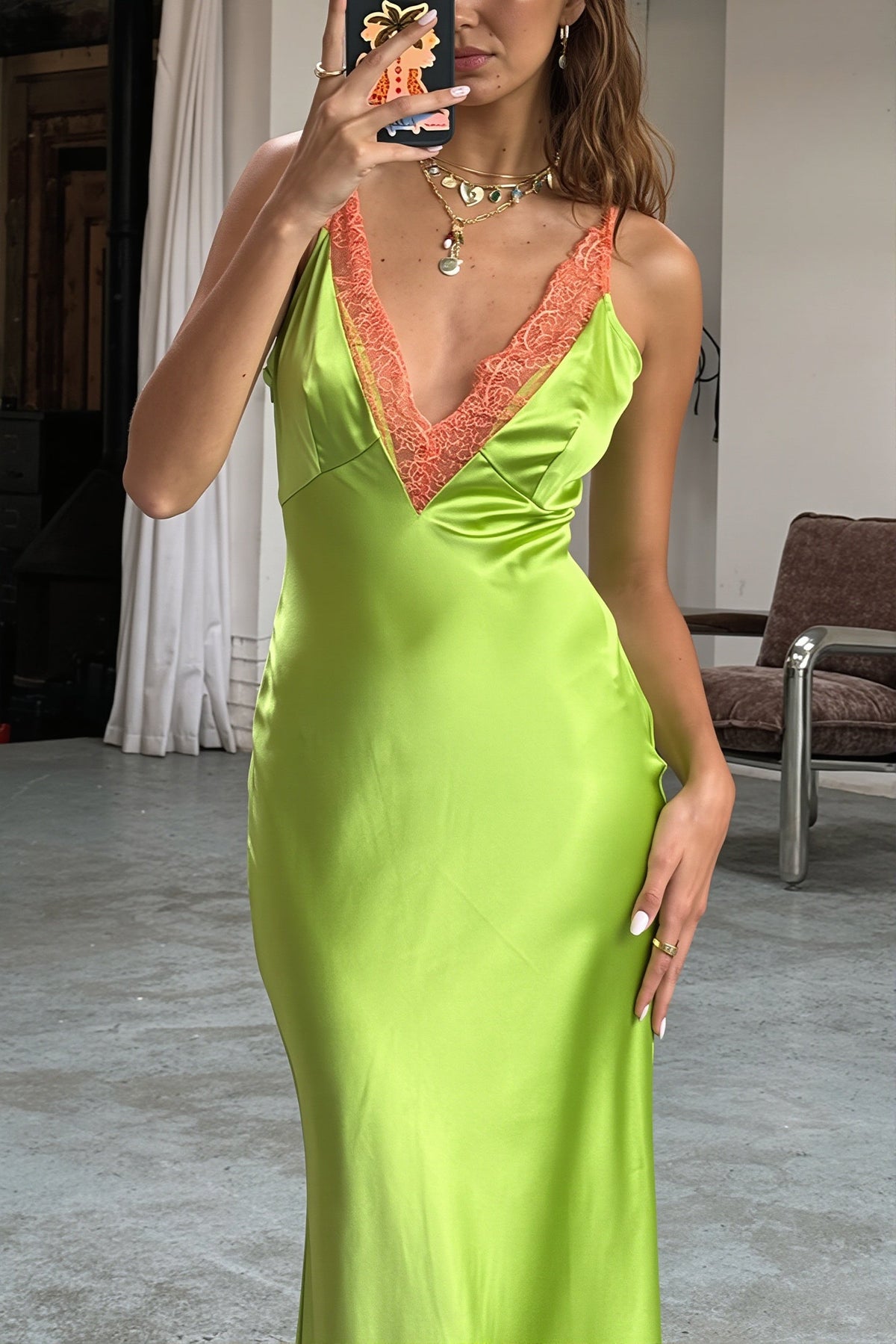Satin Lace Trim Deep V-Neck Bias Slip Maxi Dress