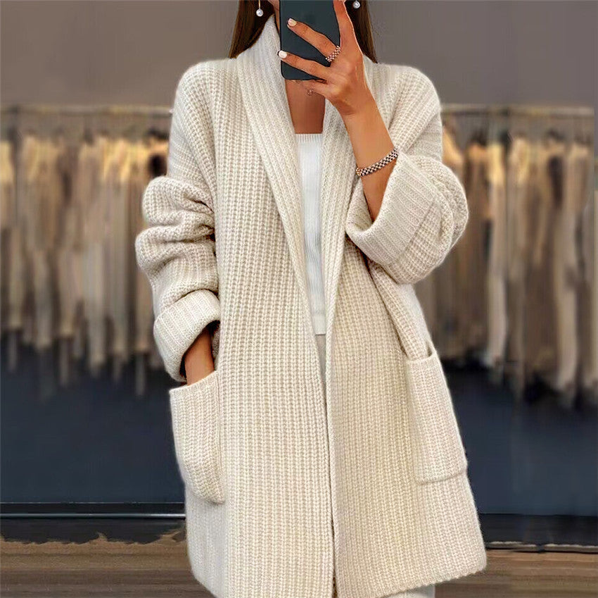 Shawl Collar Oversized Ribbed Knit Cardigan with Pockets
