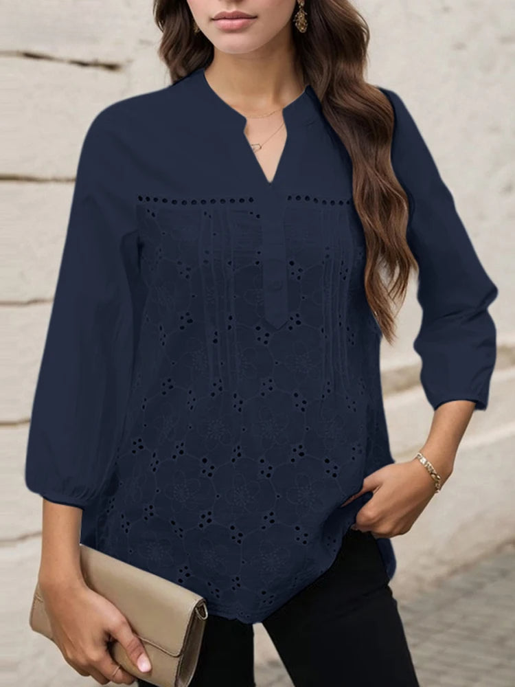 Pleated Lace Insert V-neck 3/4 Sleeve Blouse