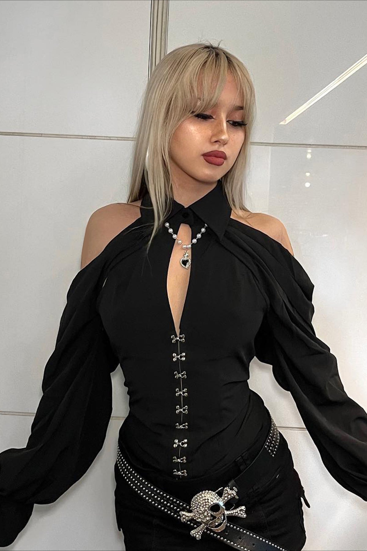 Gothic Bell Sleeve Waist Cinched Blouse