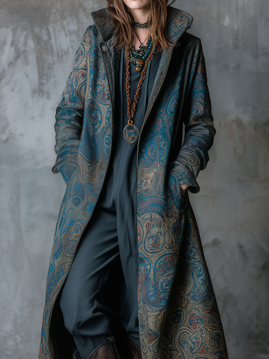 Retro Paisley Print Mid-length Stand Collar Coat