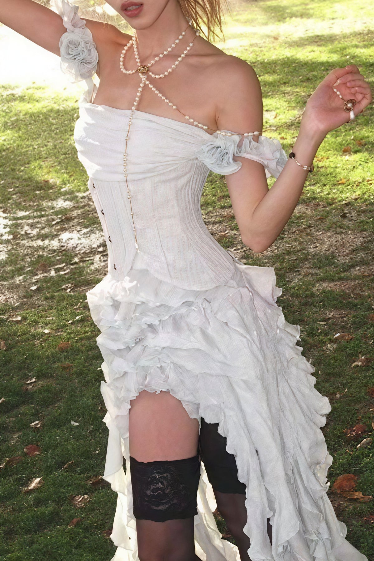 Crinkle Cotton Off Shoulder Corset Ruffle Dress 13