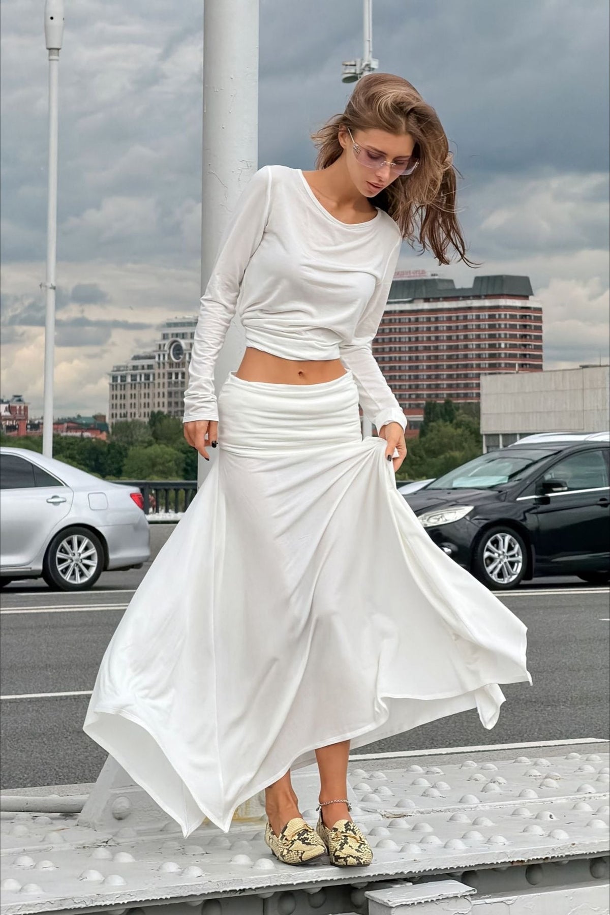 Long-Sleeve Top and Asymmetric Maxi Skirt Set